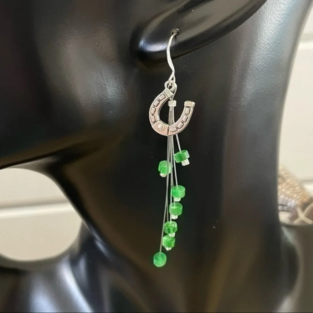 $10 SALE Lucky Horseshoe Statement Earrings Green Mixed Metal 3” Long - Picture 1 of 4